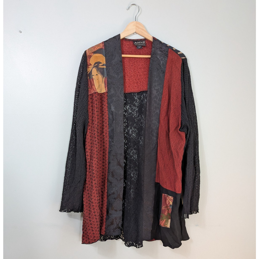 AHNI Patchwork Cardigan Jacket Top Red Black Artsy Vintage Y2K Lace Mesh Asian